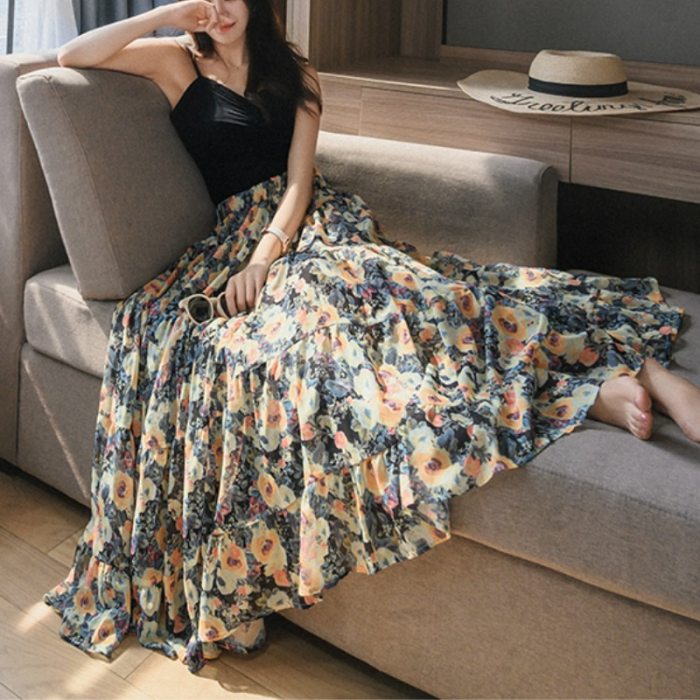 Summer Sweet Bright Floral Printed Boho Maxi Long Chiffon Skirts Patchwork Flared A-line Casual Beach Chiffon Ankle Long Skirts