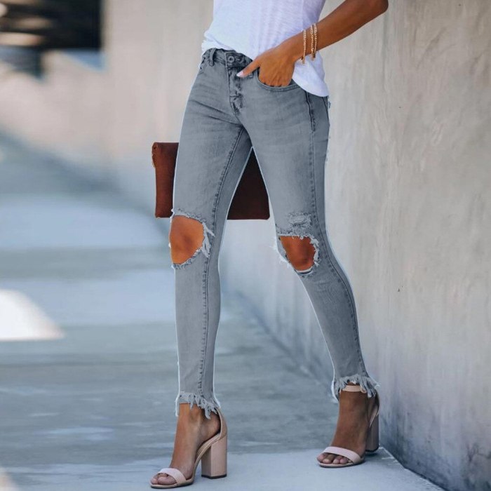 Jeans Fashion Women'S Ripped Mid Waist Pencil Feet Jeans