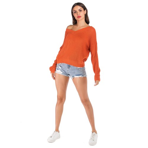 Autumn winter Orange Women knitted sweater Solid color loose casual Long sleeves pullover V-Neck Warm soft female clothes