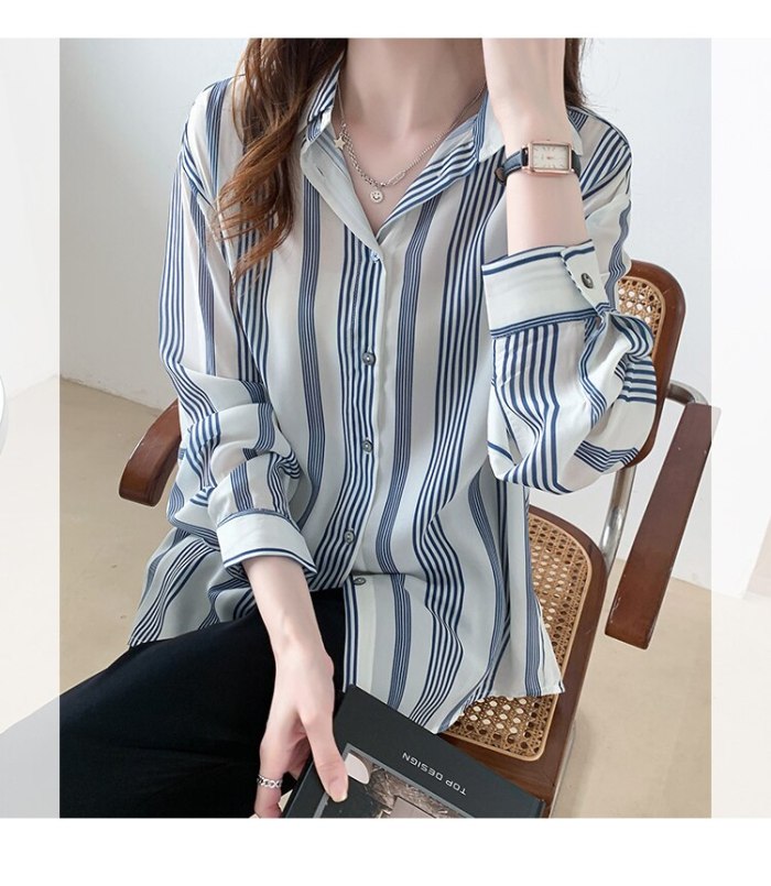 2021 autumn new design sense niche loose striped shirt women long-sleeved temperament chiffon shirt top