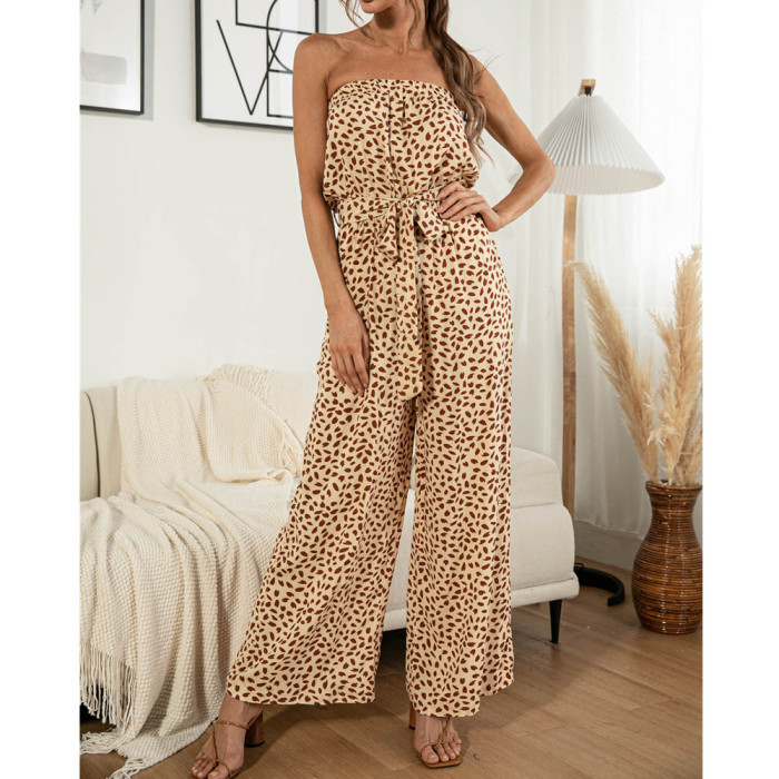 Sexy Heart-shaped Dot Print Lace-up Wide Legs Strapless Jumpsuit Casual Trousers Summer Sleeveless Long Romper 2021 Dropshipping