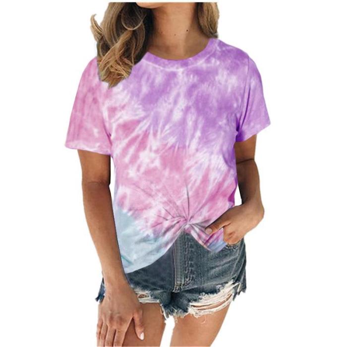 Women Tie Dye Printed Fashion Casual Knotted Short Sleeve Summer T-shirt Top