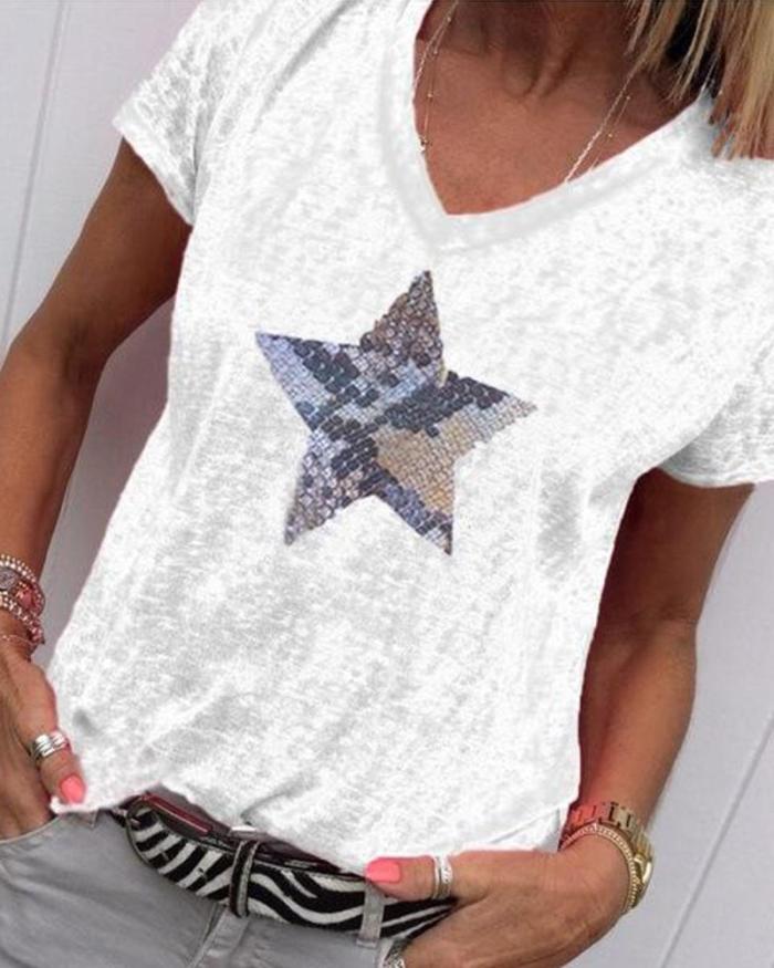 Sequin Star V Neck Top