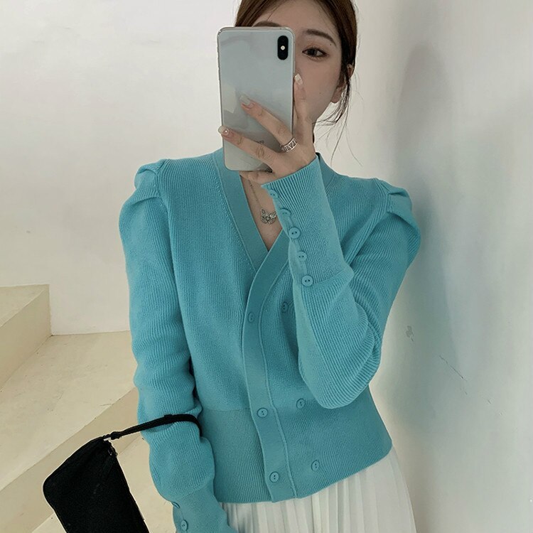 Women Puff Long Sleeve Sweater V-neck Knitted Cardigan