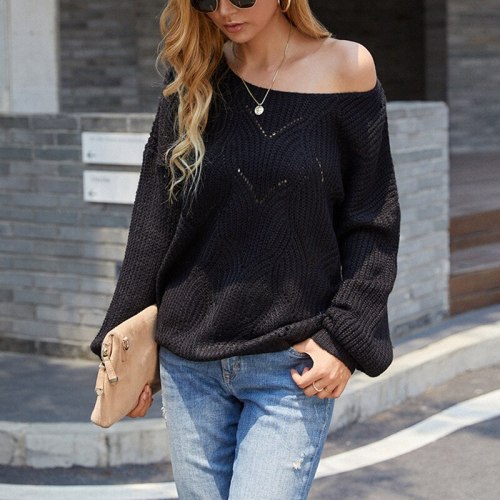 2021 autumn solid color hollow knit sweater new plus size European and American strapless sweater women