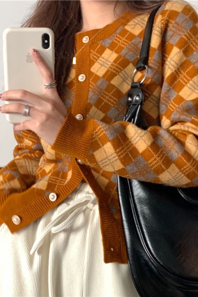 Vintage Plaid Cardigan Women 2021 Autumn Outwear O-neck Cropped Sweater Coats Korean Chic Casual All-match Cardigans