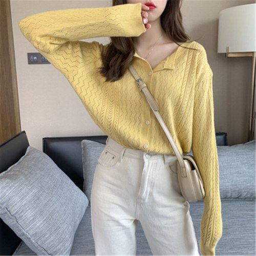 Fashion Knitted Jacket Long Sleeve Girl Spring Summer Cropped Cardigan Loose Short Sweater Women Summer Clothing Yellow