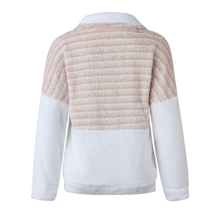 Ladies Plush V-neck Blouses Sweatshirts Zipper Long-sleeved Color Block Warm Sweater Autumn Warm Sweatshirts Outerwear Blusas