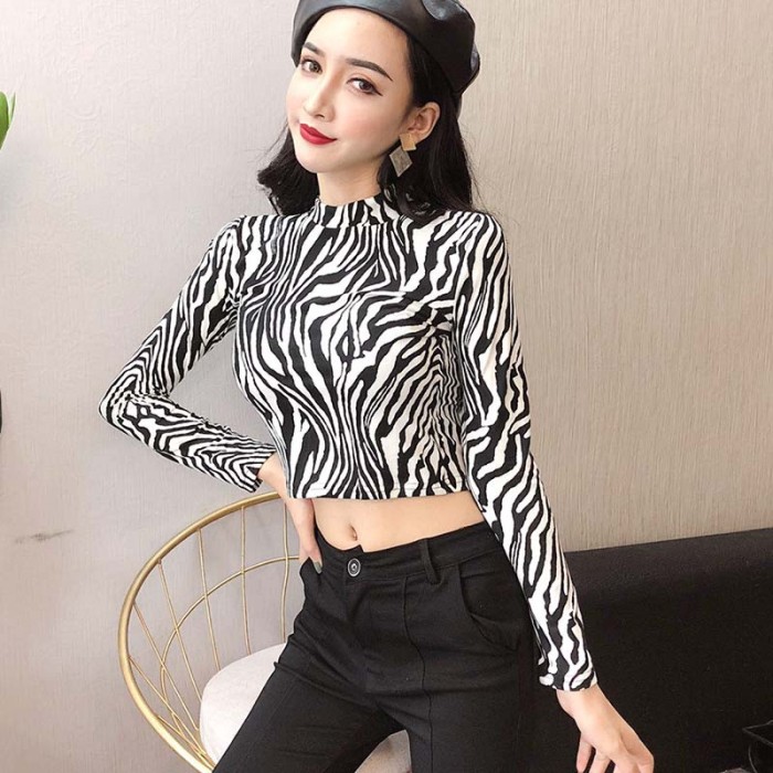 2022 New Fashion Sexy High Street Ladies Zebra Leopard Animal Print Shirts Women Turtleneck Long Sleeve Stretch Zebra Female Top