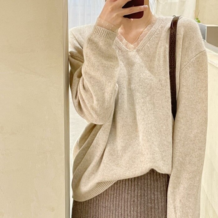 All-match V-neck sweater lazy loose lace stitching pullover sweater 2021 autumn and winter Korean fashion women's clothing