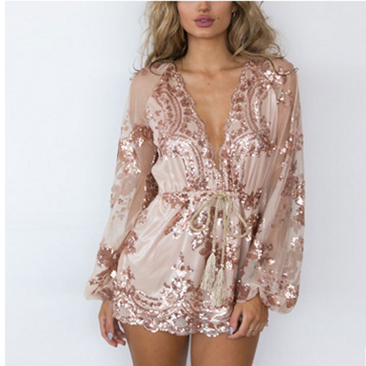 Sequin Playsuit Women Loose Sheer Overall Shorts Casual Women Playsuit Rompers