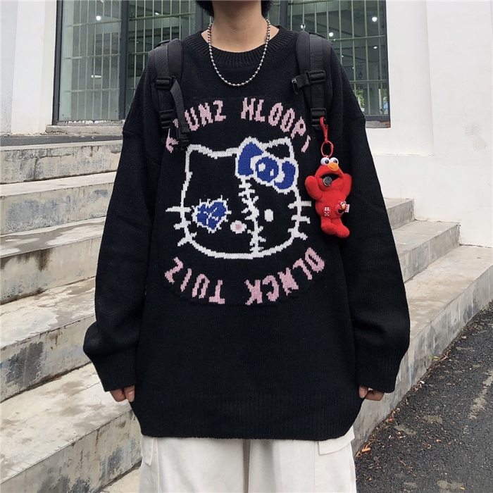 Harajuku Women's Pullover Sweater Cartoon Cat Print Loose Sweater