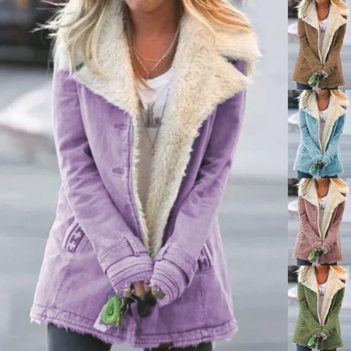 Women Winter Long Sleeve Faux Denim Jacket Vintage Lapel Single Breasted Coat Thicken Warm Plush Lined Loose Outerwear