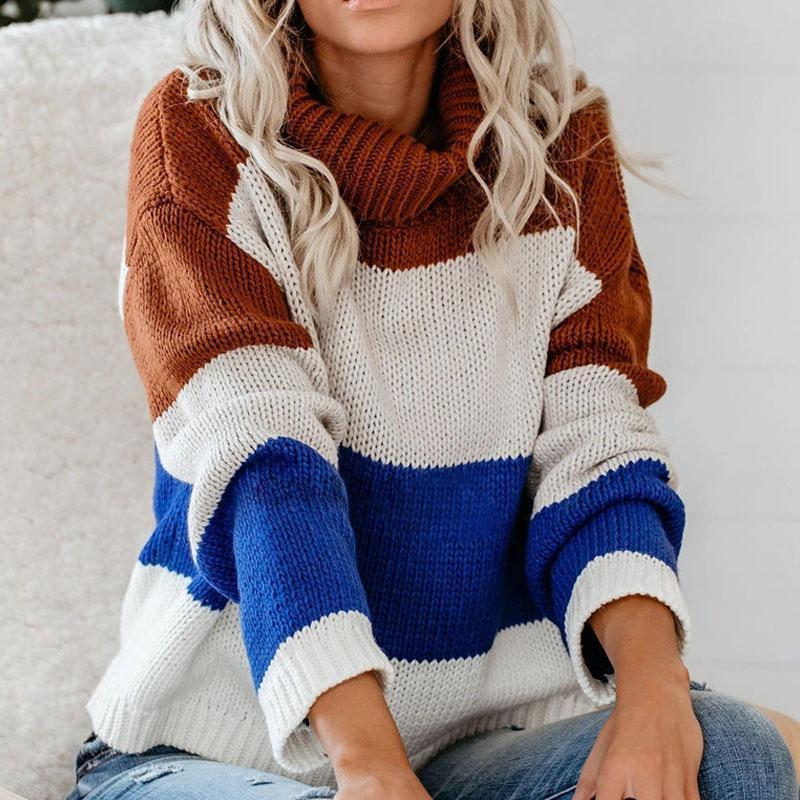 Fashion Turtleneck Colorblock Knit Sweater