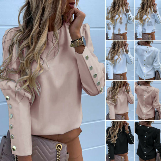 Work Wear Women Blouses Long Sleeve Back Metal Buttons Shirt Casual O Neck Printed Plus Size Tops Fall Blouse