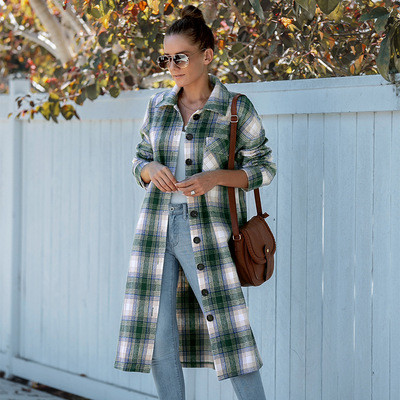 Women's Loose Long Plaid Wind Breaker Coat 2022 Spring and Autumn Fashion Full-sleeved Casual Turn Down Collar Long Coat