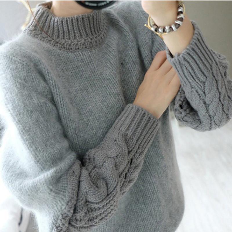 High Neck Cable Pullover Solid Color Sweater