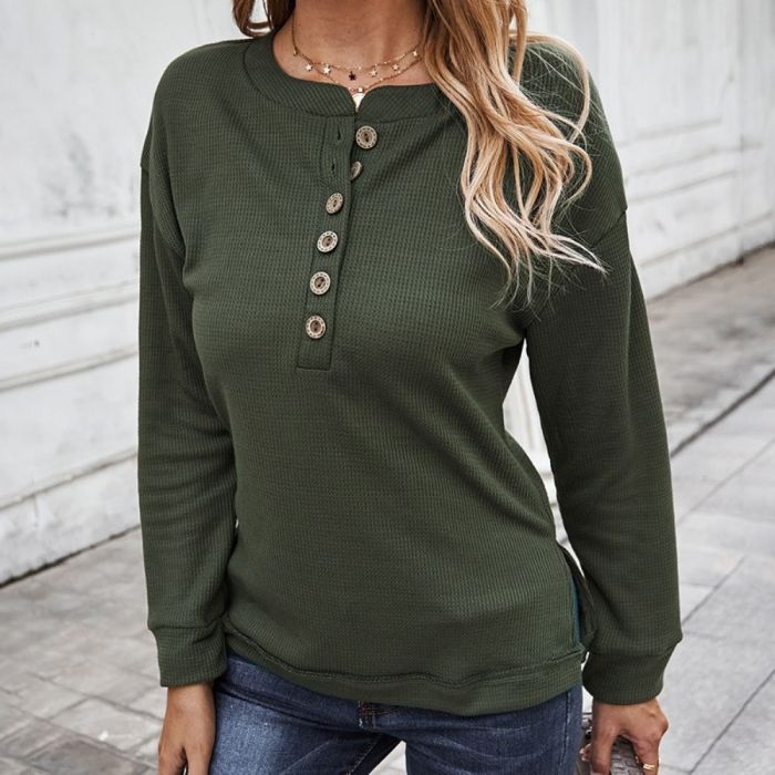2022 Spring Autumn High-Quality New Woman's Top Solid Color Button O Neck Shirts Long Sleeve Shirts Women's Clothing