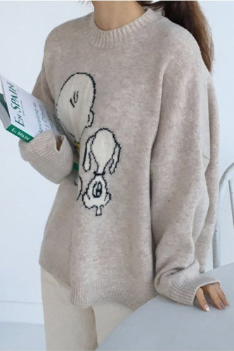 Woman Cartoon Pattern Loose Long sleeve Pullover Sweater