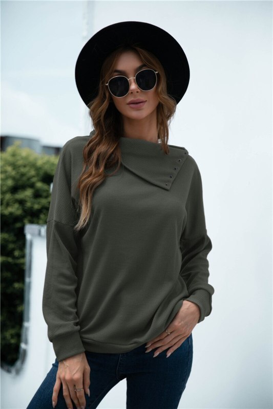 Fashion Women Solid Color T-Shirts Patchwork Design Button Decor Side Turn-down Collar Long Sleeve Spring Autumn Casual Top