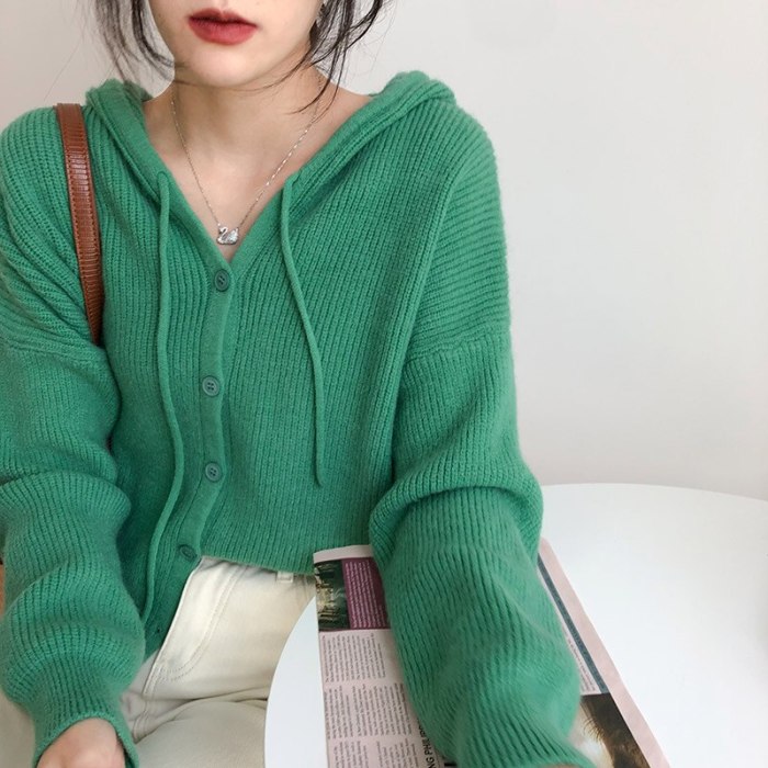 Korean Solid Color Loose Hooded Knitted Cardigan Women Oversized 2021 New All Match Knit Coat Female Casual Sweaters