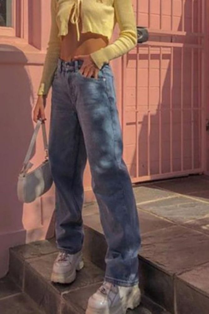 2021 Women New Spring E-Girl Vintage Fashion Slim Denim Streetwear Light Blue Straight Jeans High Waist Loose Pants