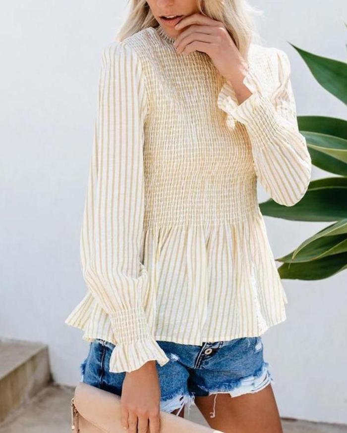 Mock Neck Striped Ruffle Blouse