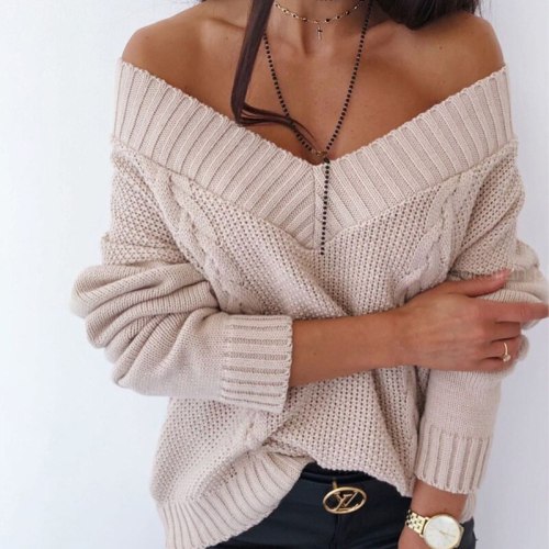 New Solid V-neck Women's Sweater Drop Shoulder Long Sleeve Knit Sweaters Female 2021 Autumn Winter Loose Fashion Lady Pullover