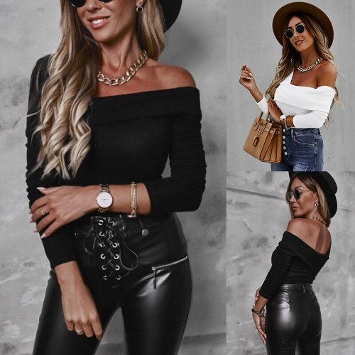 Fashion Sexy Off Shoulder Skinny Black and White Long Sleeve Women Blouse Sexy Women Tops and Shirt Winter Tops Women