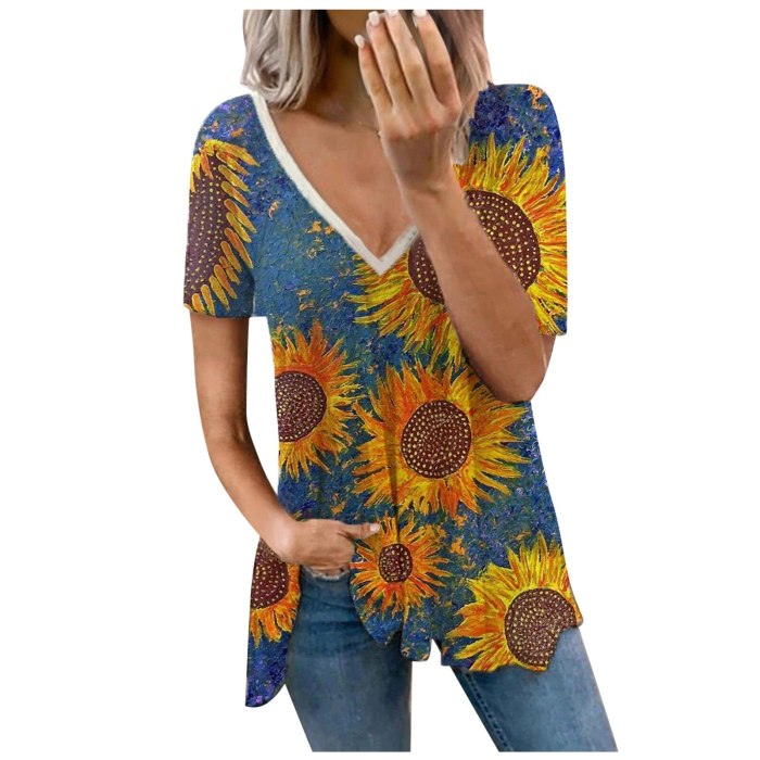 Sexy V-neck Loose Blouse Women's Sunflower Printed Short Sleeve V-neck Fold Casual Blouse Ladies Summer Casual Tee Tops