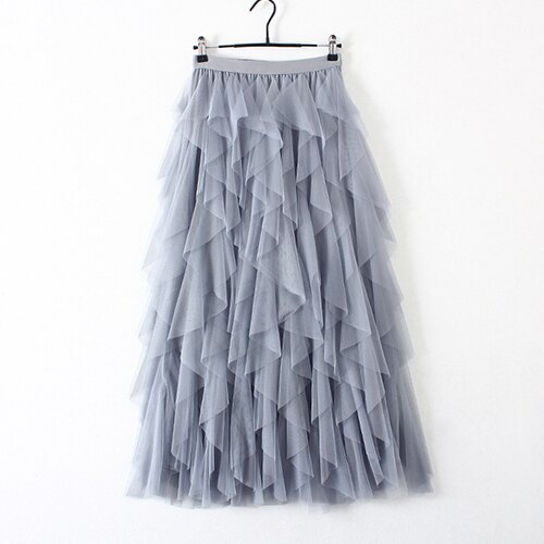 Irregular Tulle Skirt Women 2021 Spring Summer Korean Elegant High Waist Pleated Skirt Female A-line Long Maxi Skirt