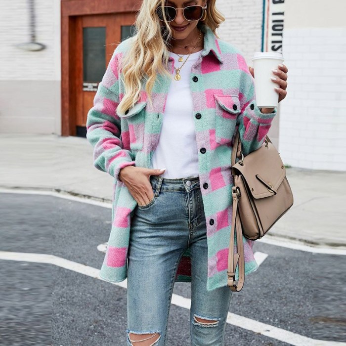 Women Elegant Long Sleeve Winter Outwear Casual Single-Breasted Lapel Cardigan Jacket New Autumn Fashion Loose Plaid Shirt Coats