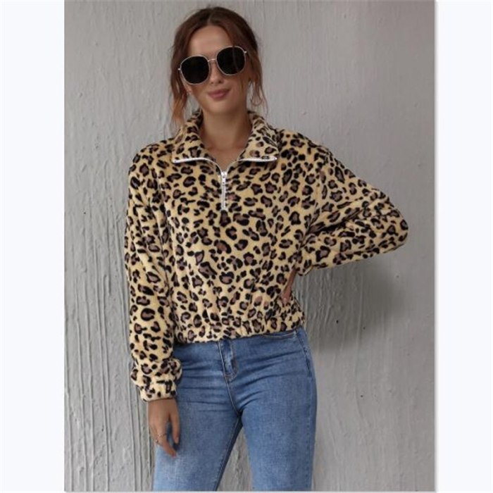Winter Women's Warm Plush Top Lapel Zipper Long-sleeved Pullover Fashion Leopard Print Ladies T-shirt Street Wear