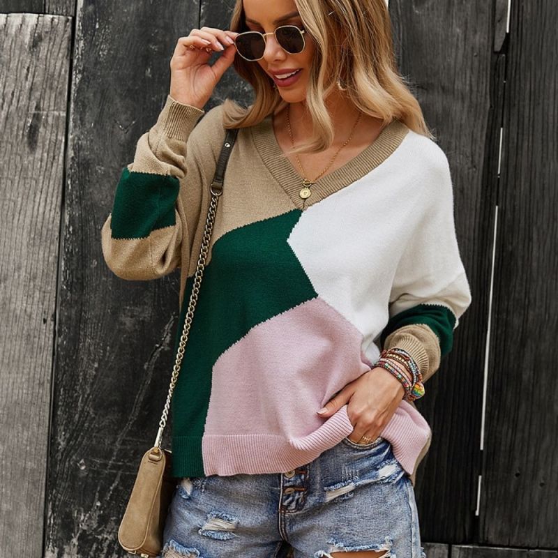 Womens Plus Size Knit Pullover Spring Autumn V-Neck Patchwork Cropped Sweater Long Sleeve 2022 Korean Fashion Casual Vintage Sweaters