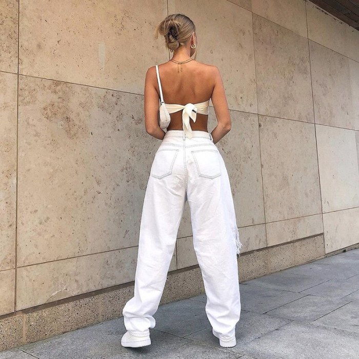 Women's Loose Vintage Wide Leg Hole White Solid Color Casual Trousers