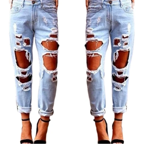 2021 Hip Hop Hole Ruined Jeans Women Gradient Long Jeans Denim Solid Color Trousers Korean Vintage Streetwear