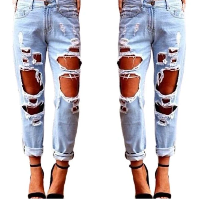 2021 Hip Hop Hole Ruined Jeans Women Gradient Long Jeans Denim Solid Color Trousers Korean Vintage Streetwear