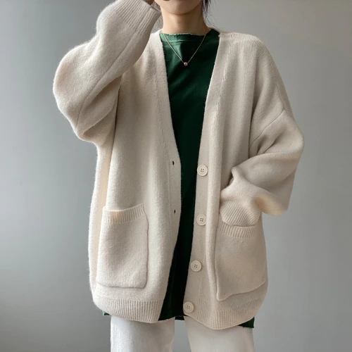 Loose 2021 Spring Knitted Cardigan Women's Sweaters V-Neck New Mid-Length Pocket Long Sleeve Cardigans Kint Tops Female Sweater