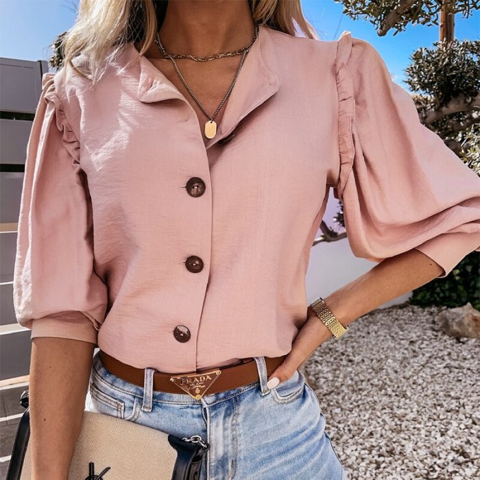 Elegant Solid Long Sleeve Ruffle Shirt Women Sexy V-Neck Button Blouse Office Lady Fashion Casual Loose Spring Summer Tops Blusa