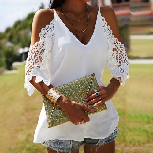 Sexy Embroidery Hollow Out 3/4 Sleeve Blouse Casual Off Shoulder Backless Shirts Pullover Women Elegant V Neck Sling Tops