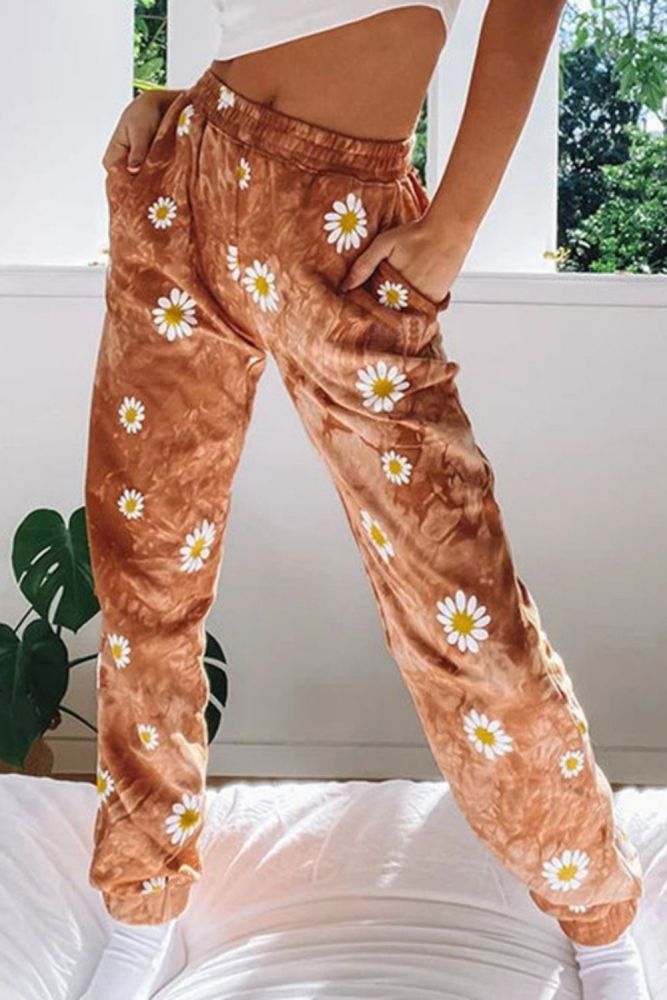 Fashion Small Chrysanthemum Tie-Dye Printing Women Casual Pants Street Hipster Boho Mid- Waist Women Trousers Casual Beach Pants
