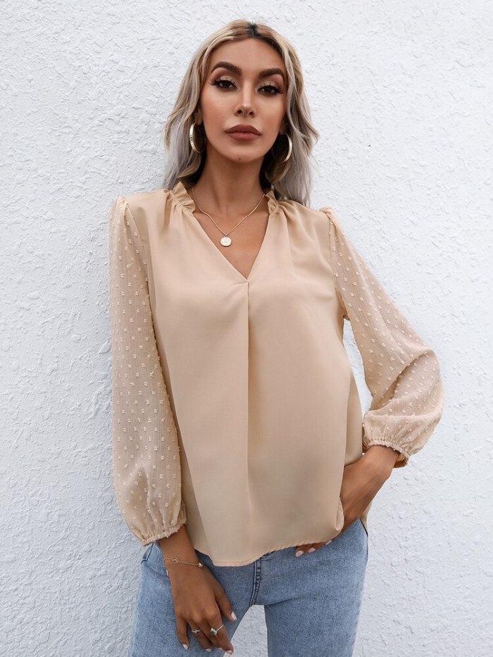 Puff Sleeve Top Long Sleeve Blouses Women Casual 2021 New Summer V Neck Shirt Simple Solid Color Female Clothing Loose Plus Size