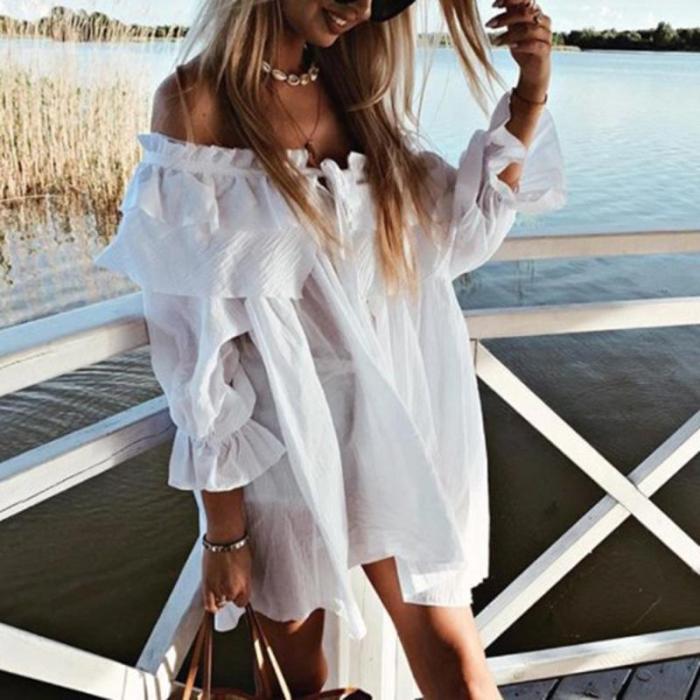 Casual Boat Neck Lace-Up Collar Ruffled Loose Blouse