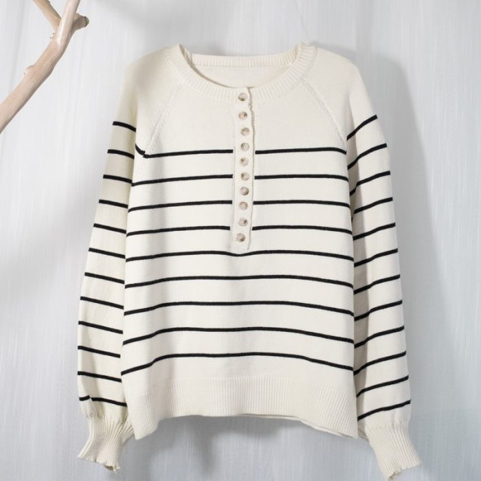 Women V-Neck Buttons Knitted Pullovers Striped Sweater