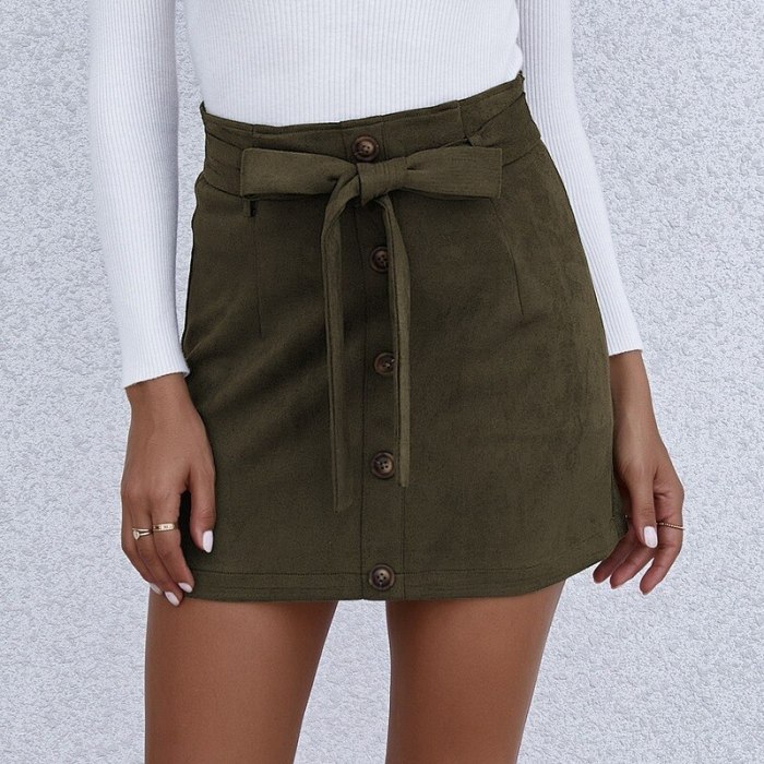 Autumn Winter Women Skirts Fashion Elastic High Waist Bandage Belt Mini Skirts Casual Button Solid Color Slim A-line Skirt