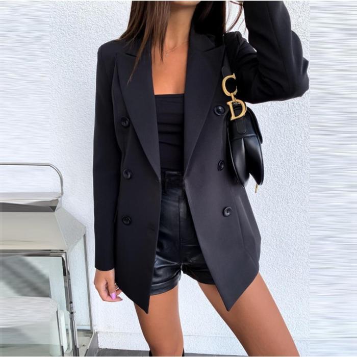 Fashion Pure Color Long Sleeve Blazer Women Autumn Winter Casual Double-Breasted Buttons Office Work Suit Coat Blazer Tops