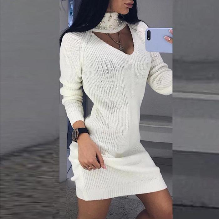 Turtleneck Hollow Out Pullover Oversized Sweater Dress