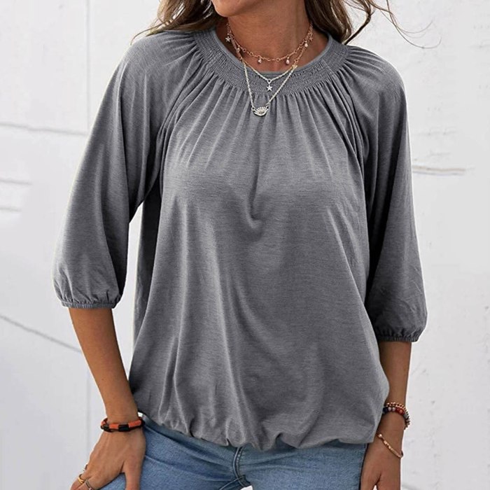 Aesthetic Clothes Tee Shirt Femme Tops Women Fashion Solid Round Neck T Shirt 3/4 Sleeve Loose Pleated Tops Camisetas De Mujer