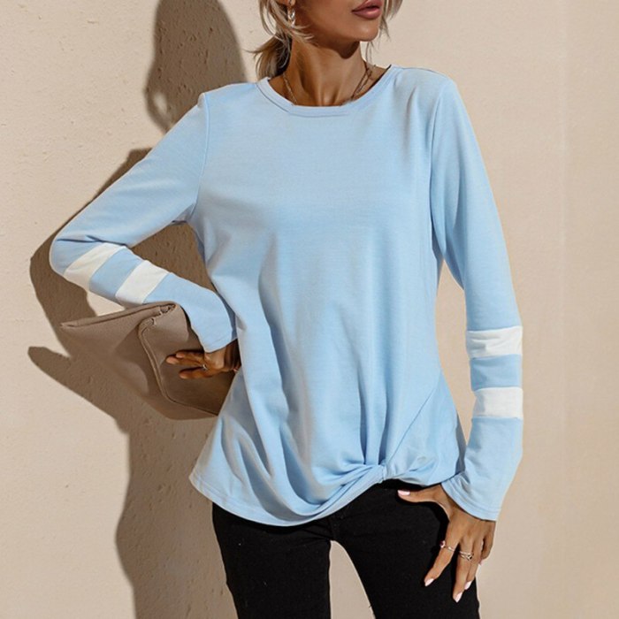 Women's Fashion Color Striped Knot T-Shirt Spring Autumn Round Neck Casual Top Long Sleeve Sweater Tops