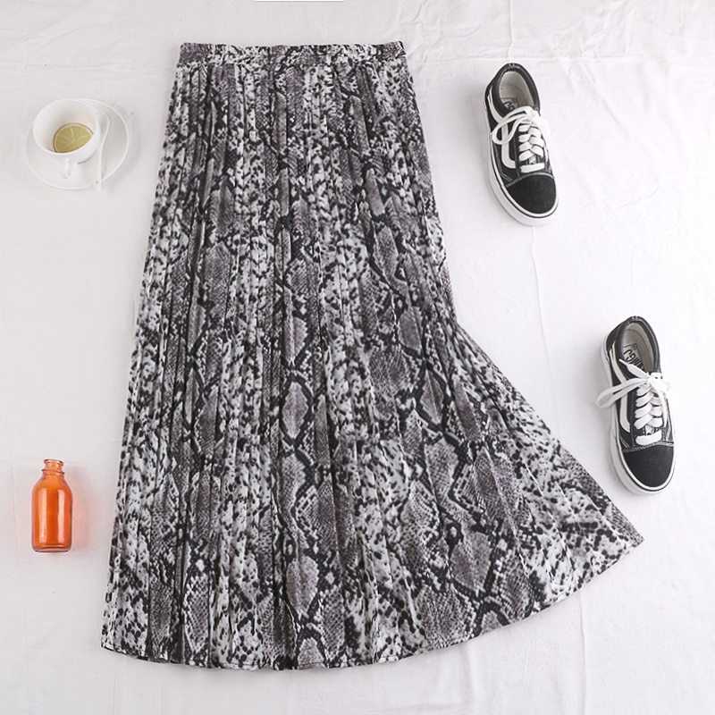 Long Pleated Skirt Women With Leopard Snake Print For Autumn Winter 2020 Ladies Korean High Waist Maxi Skirt Female